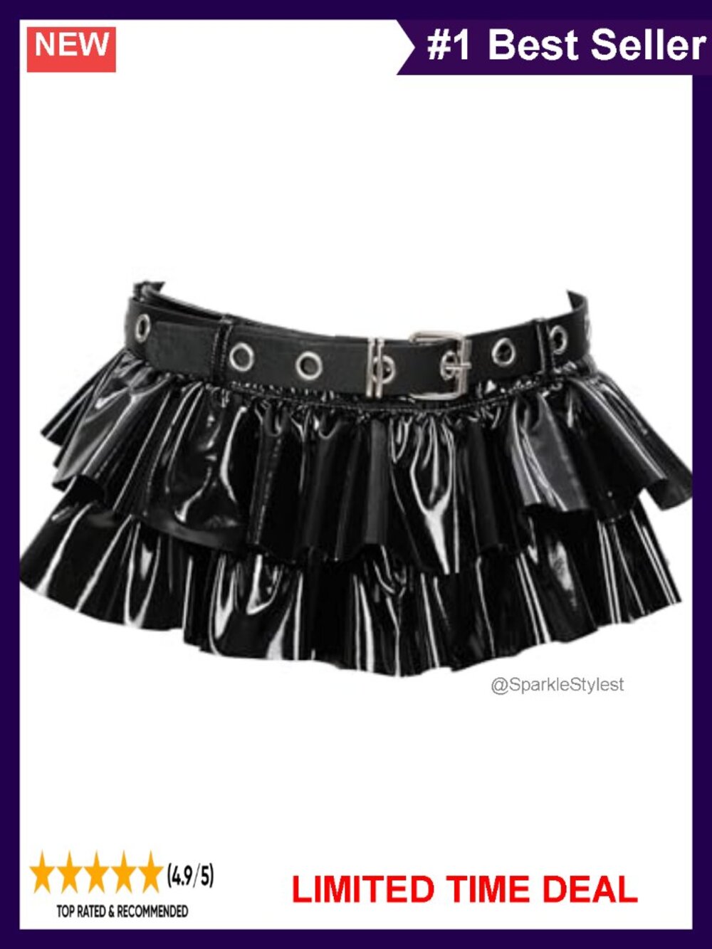 PU Leather Gothic Punk Mini Skirt with Belt Tiered Pleated Clubwear